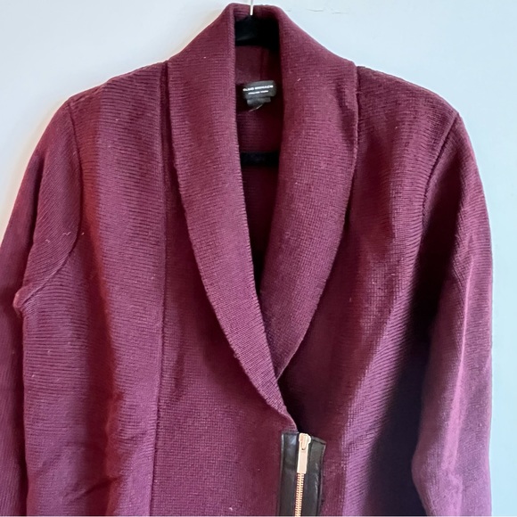 BNWOT CLUB MONACO 100% WOOL BURGUNDY LEATHER ZIP SWEATER - Picture 3 of 11